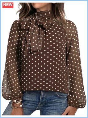 Polka Dot Chiffon Blouse Bow Tie Mock Neck Long Sleeve Women's Top